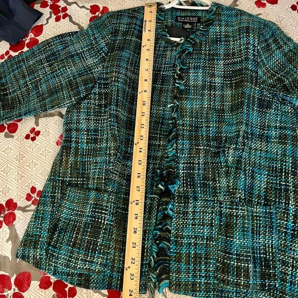 Dialogue Tweed Jacket 2 Pockets Front Closure Long Sleeve Fringe-Edged Teal W 10 - Picture 13 of 13